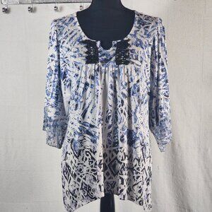 One World Royal Black White Poly Span Asym Hem 3/4 Sleeve Mesh Lace Cuff Top S